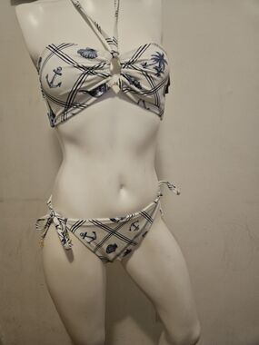 White & Navy Nautical Bandeau Bikini Set - Women Swim